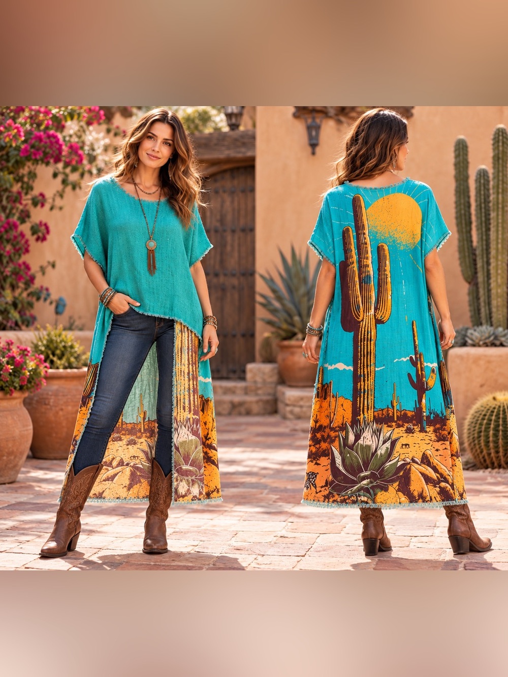 H264 Nwt I Love Linen OS ptp32 Boho Mint Desert Cactus sScene Tunic High Low Top